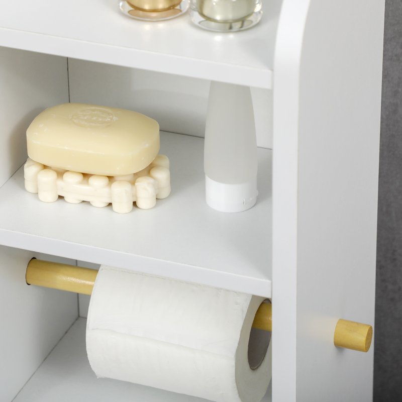 kleankin Slim Bathroom Storage Cabinet with 2 Open Shelves and Toilet Paper Roll Holder, Freestanding Bathroom Storage Unit with Adjustable Shelf, 23 x 18 x 100 cm, White