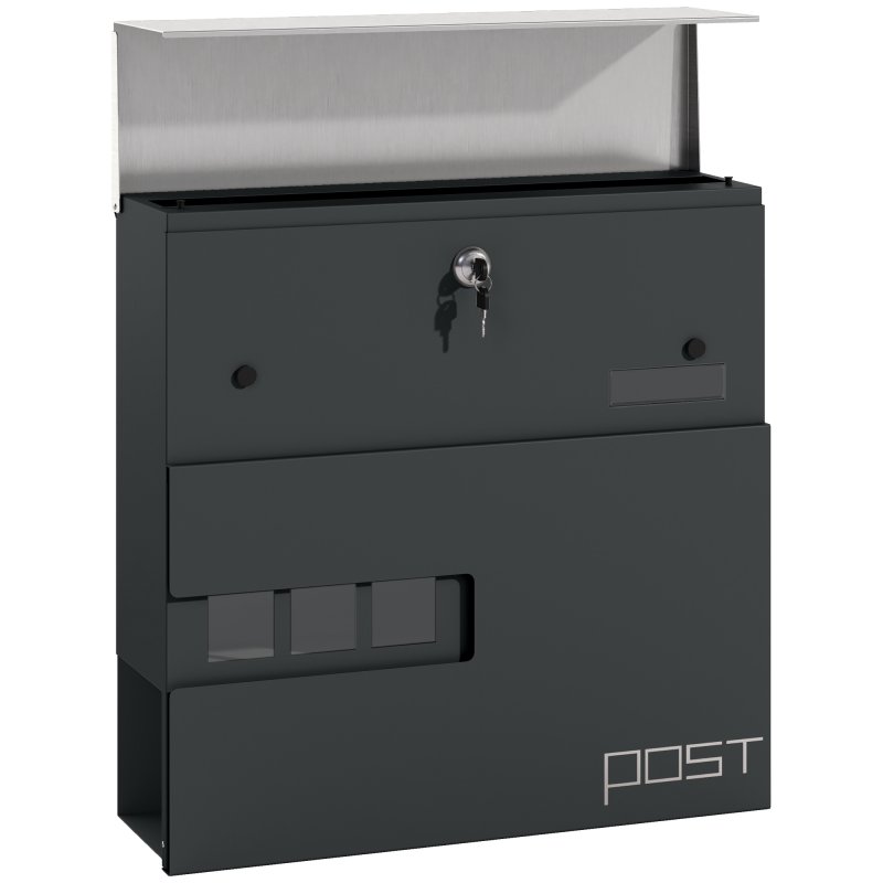 HOMCOM Wall Mounted Post Box with Viewing Window, 2 Lock, Modern Galvanised Steel Mailbox with Copper Core, Weatherproof Letterbox for Outdoor Use, Easy to Install, Charcoal Grey