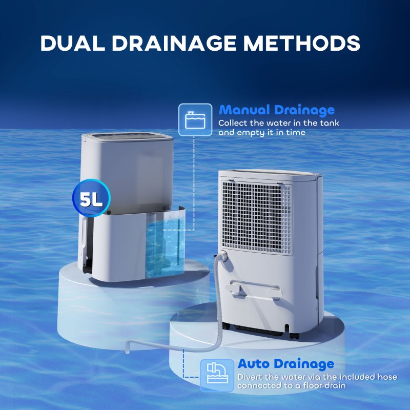 HOMCOM 20L/Day Dehumidifier with Continuous Drainage, 5L Water Tank, 24H Timer, Digital Humidity Display, Humidity Light, Dehumidifier for Home Damp, Bedroom, Condensation, Mould, Laundry Drying