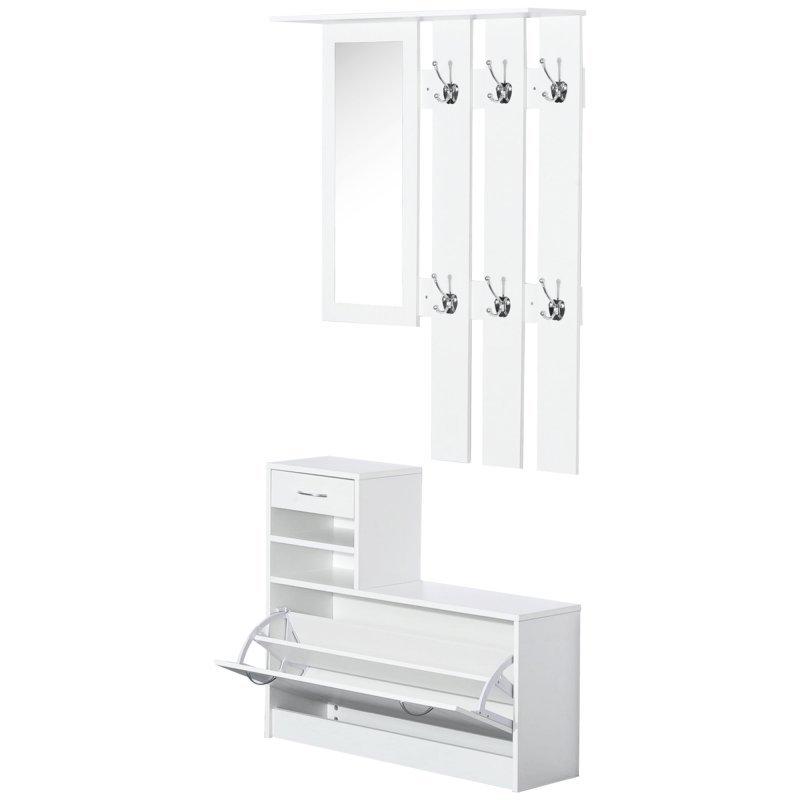 HOMCOM 2PC Shoes Storage Chest Cloths Rack Unit w/Mirror Multiple Shelves Large Storage Capacity Shoes Cabinet 6 Hooks Cloth Rack