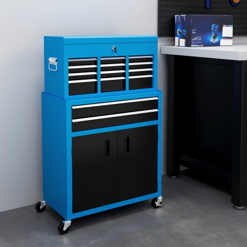 HOMCOM Tool Chest, Metal Tool Cabinet on Wheels with 6 Drawers, Pegboard, Top Chest and Roller Cabinet Combo, 61.6 x 33 x 108cm, Blue