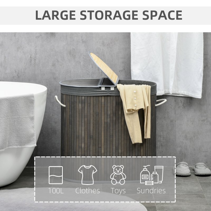 HOMCOM Bamboo Laundry Basket with Lid, 100 Litres Laundry Hamper with 2 Sections, Removable Washable Lining, Washing Baskets, 62.5 x 37 x 60.5cm, Grey