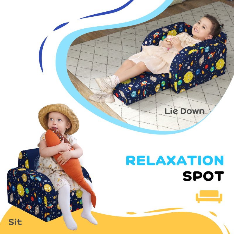 AIYAPLAY Kids Armchair, 2 in 1 Foldable Toddler Chair, Soft Snuggle Sponge Filled Recliner, for Bedroom Playroom Living Room, for Boys & Girls 18 Months to 3 Years - Dark Blue