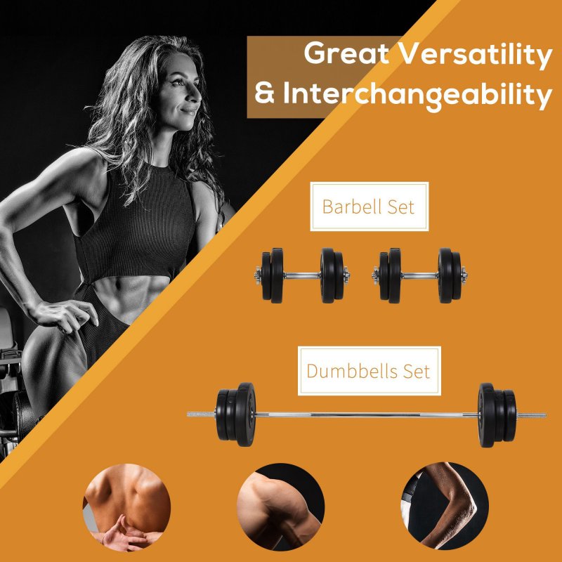 HOMCOM 65kg Adjustable Barbell Weights Set, 2-in-1 Dumbbells and Barbell Set with Knurled Bar, Free Weights Training Equipment, for Home Gym, Exercise