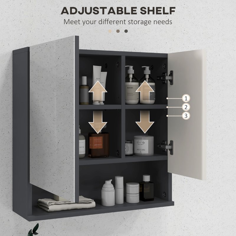 kleankin Bathroom Mirror Cabinet, Wall Mounted Bathroom Storage Cupboard with Adjustable Shelves, 55W x 17D x 55Hcm