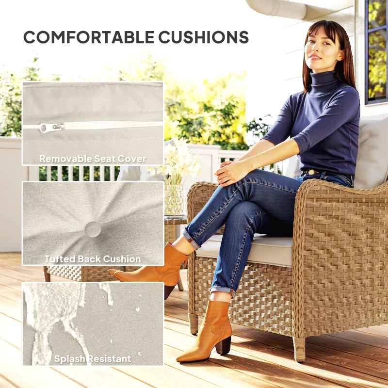 Outsunny Rattan Garden Chairs Set of 2, Outdoor Rattan Chairs with Cushions, Armrests and High Back, PE Wicker Garden Armchair with Steel Frame for Balcony, Porch, Beige