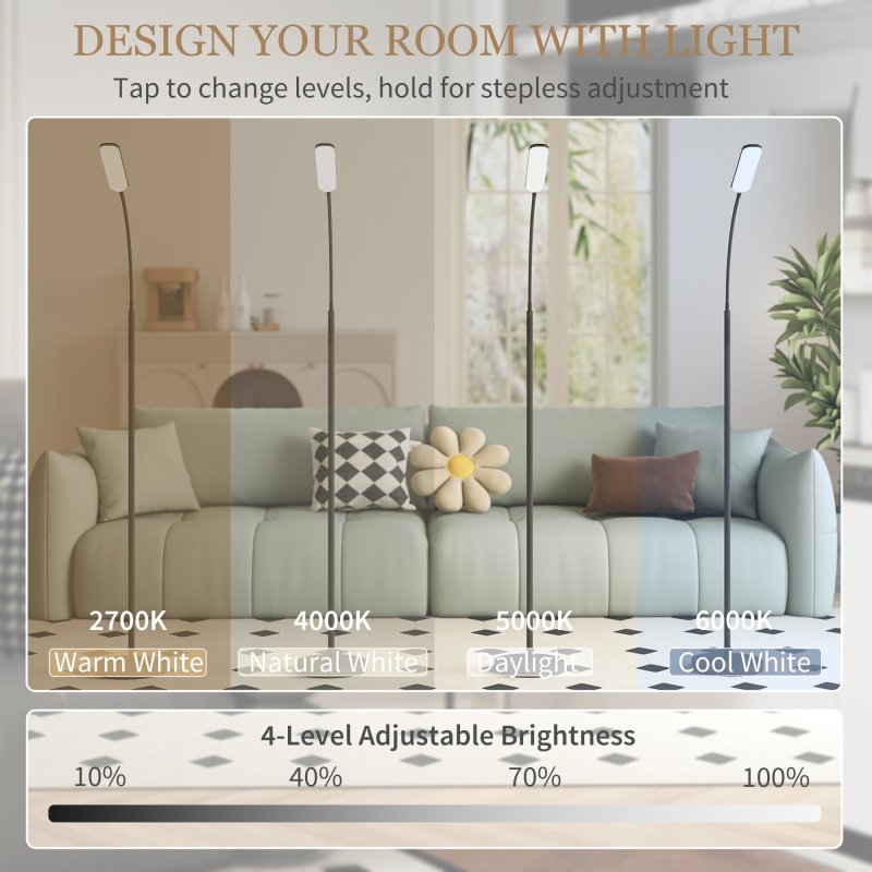 HOMCOM LED Floor Lamp, Standing Lamp with Remote & Touch Control, Stepless Dimmable Colours Temperature & Brightness, 360° Adjustable Gooseneck, 1 Hour Timer, Memory Function for Living Room, Black