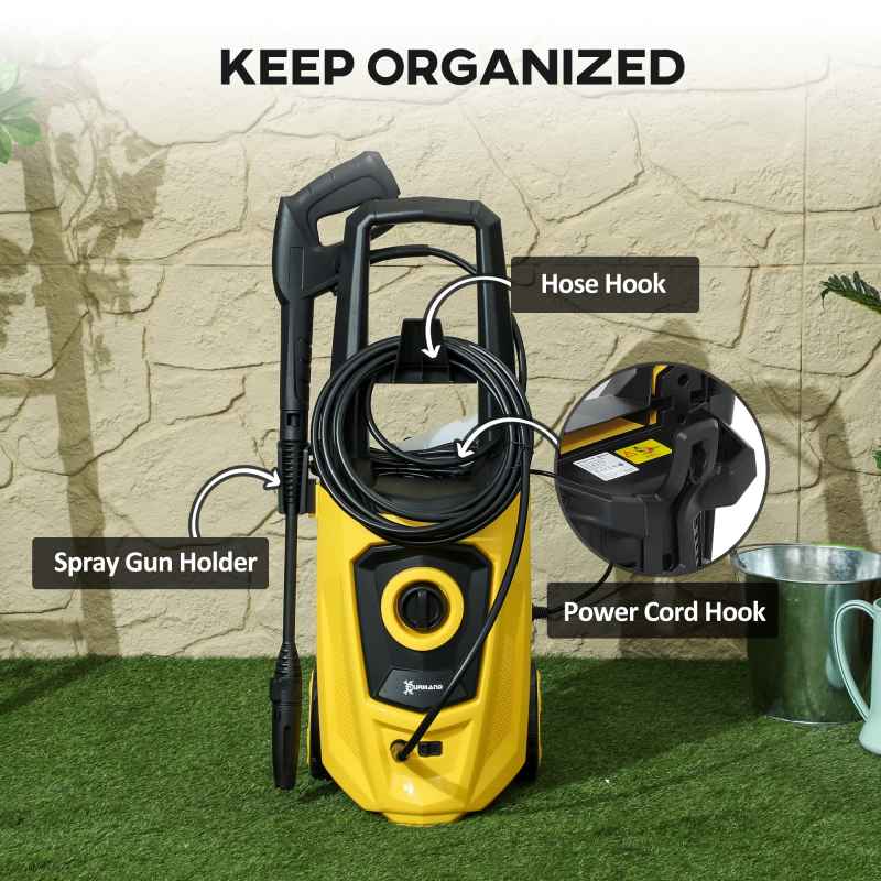DURHAND 1800W High Pressure Washer, 150 Bar Pressure, 510 L/h Flow, High-Performance Portable Power Washer Jet Wash Cleaner with 6M Hose, Snow Foam Bottle for Garden, Car, Furniture, Yellow