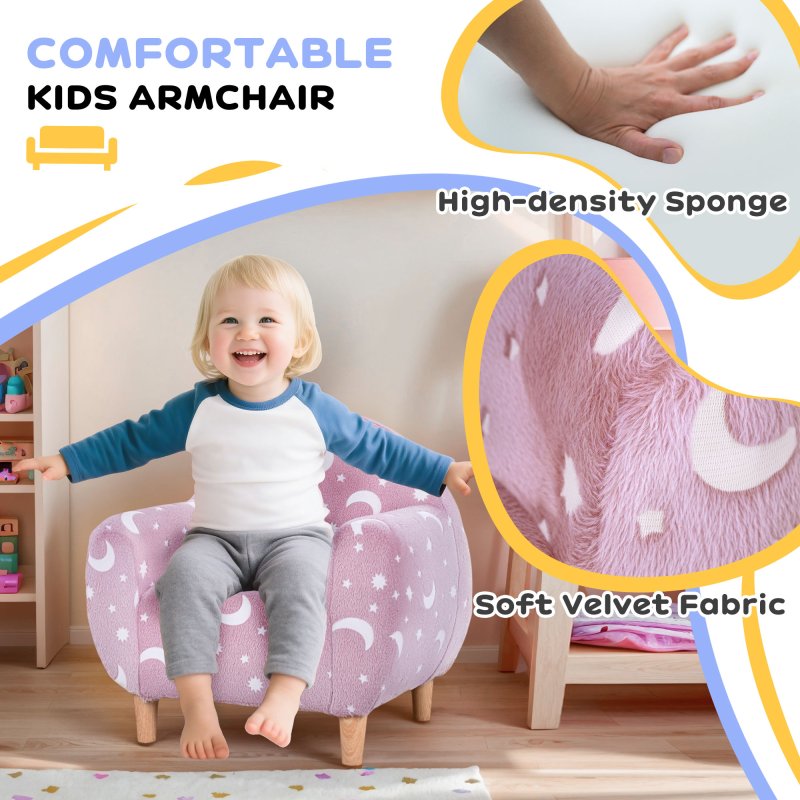 AIYAPLAY Kids Armchair, Glow in the Dark Single Chair with Star Design, Upholstered Toddler Tub Chair for Bedroom, Playroom, Kid Room, Pink