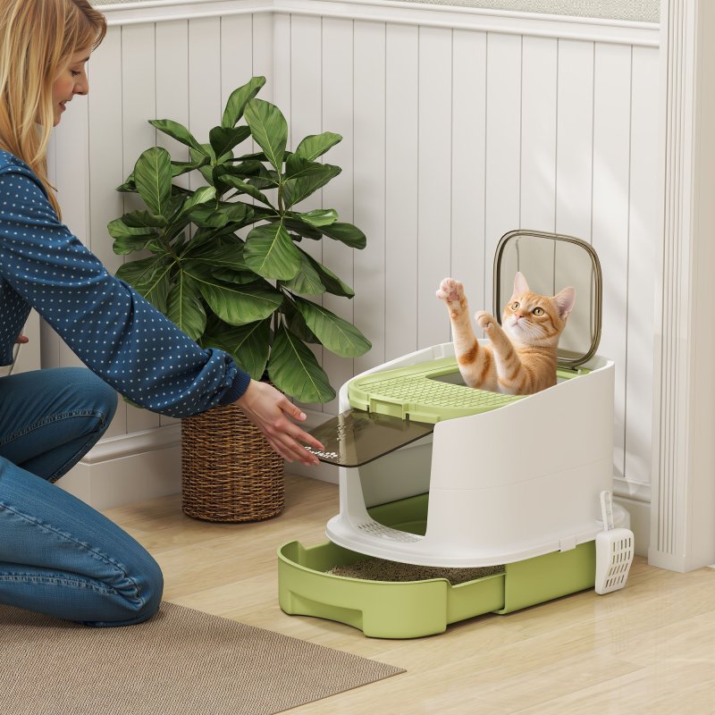 PawHut Cat Litter Tray with Lid, Cat Litter Box with Deodorisation Bags, Scoop, Top Entry, Litter Tray with Drawer Pan, Green