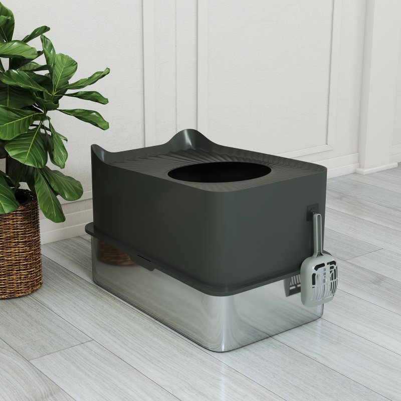 PawHut Stainless Steel Litter Box, Extra Large Enclosed Cat Litter Tray with Scoop, Top Entrance, Non-slip Pads, Easy to Clean & Never Absorbs Odors, Dark Grey