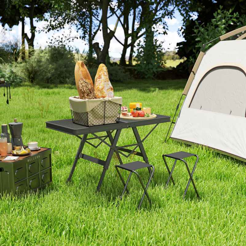 Outsunny 3 ft Folding Camping Table w/ Adjustable Heights, Portable Lightweight Outdoor Folding Picnic Table with Metal Mesh Desktop & Aluminium Legs for Picnic, Garden, Party, Black
