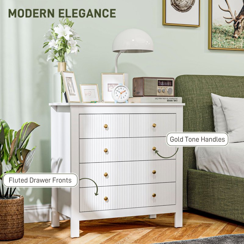 HOMCOM Bedroom Chest of Drawers, Fluted 5 Drawer Dresser with Gold Tone Handles for Living Room, Hallway, Entryway, 79 x 39.5 x 81cm, White