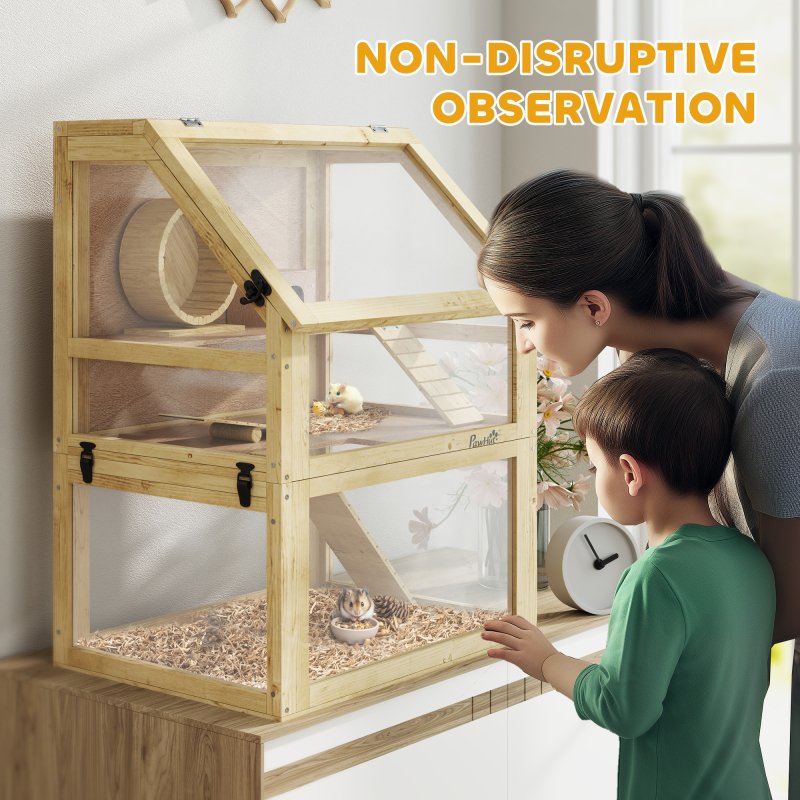 PawHut Wooden Hamster Cage, 3 Tier Gerbil Cage with Detachable 32cm Deep Bottom, Hut, Seesaw, Exercise Wheel, Ramps, Natural Wood Finish