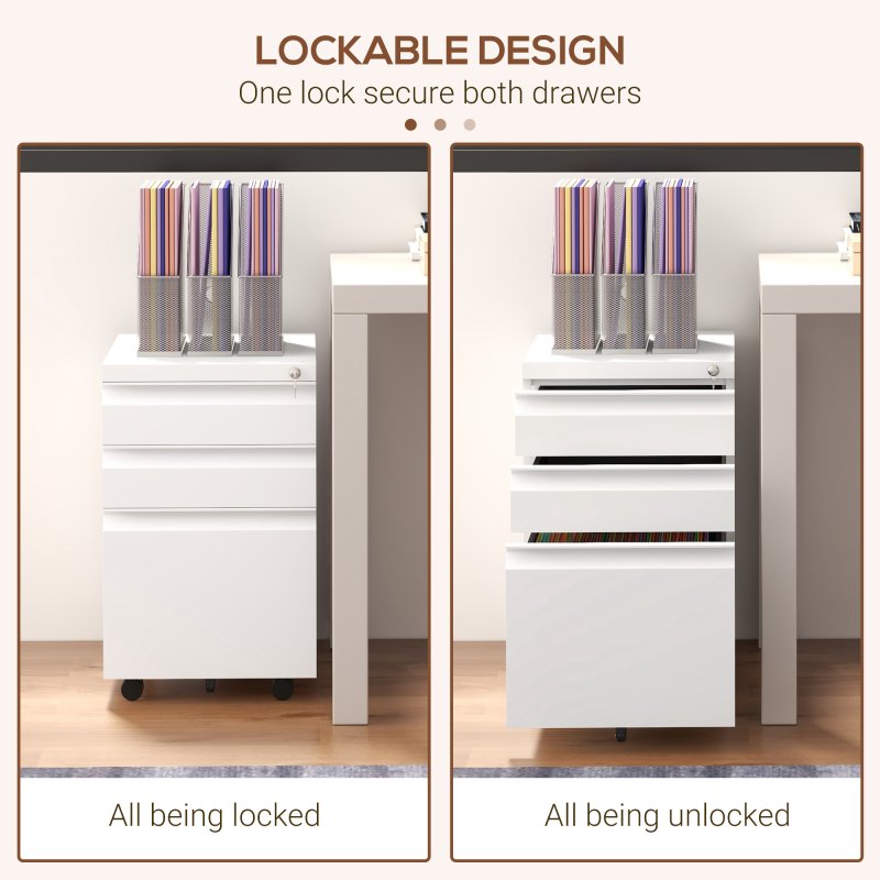 Vinsetto 3-Drawer Filing Cabinet with Lock, Mobile Steel File Cabinet for A4, Legal and Letter Size, Under Desk Drawers with Pre-Assembled Body for Home Office, 37 x 43.5 x 60 cm, White