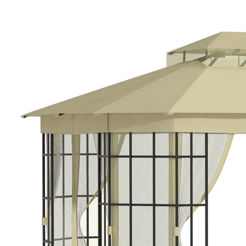 Outsunny 3.7 x 3(m) Patio Gazebo Canopy Garden Tent Shelter with 2 Tiers Roof and Mosquito Netting, Metal Frame, Beige