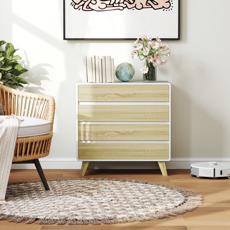 HOMCOM Chest of Drawers, 4-Drawer Storage Cabinet Organiser with Legs for Bedroom, Living Room, White and Oak