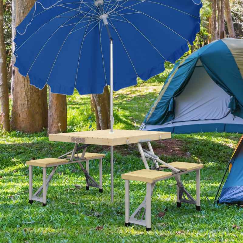 Outsunny Folding Wooden Picnic Table with Seats and Umbrella Hole, Aluminium Frame Portable Camping Table and Chairs Set, for Patio, Yard, Porch and Garden