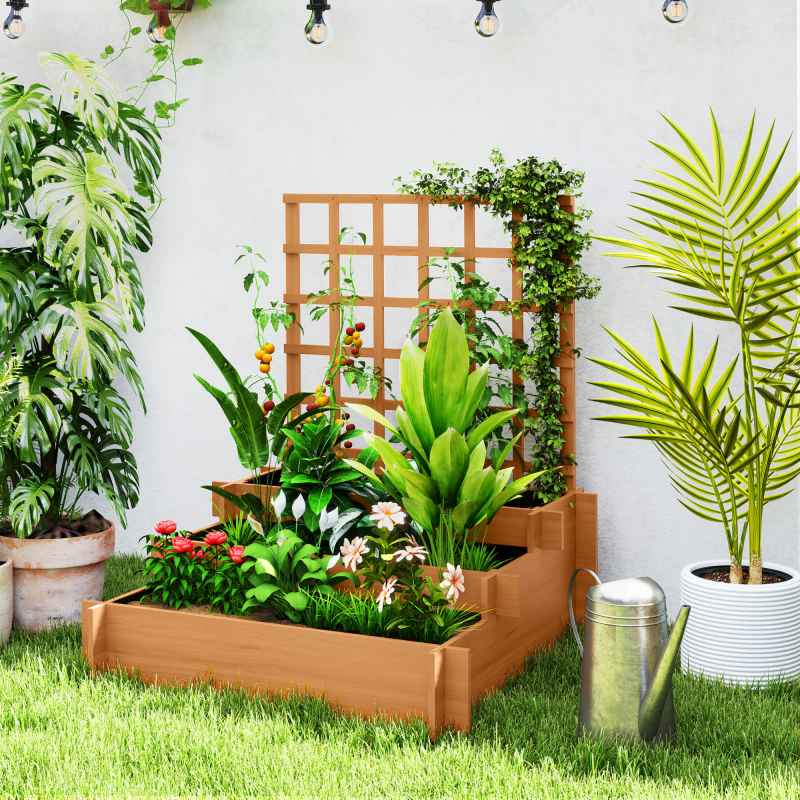 Outsunny 3 Tier Planters with Trellis for Vine Climbing, Wooden Raised Beds for Garden Patio, Outdoor Planter Box for Vegetables, Flowers, Herbs, Brown