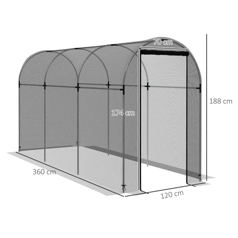 Outsunny Fruit Cage Bird Netting, Heavy Duty Fruit and Vegetable Protection Tent with Zipped Door, Anti Bird, Insects, Small Animals, 1.2 x 3.6 x 1.9m, Black