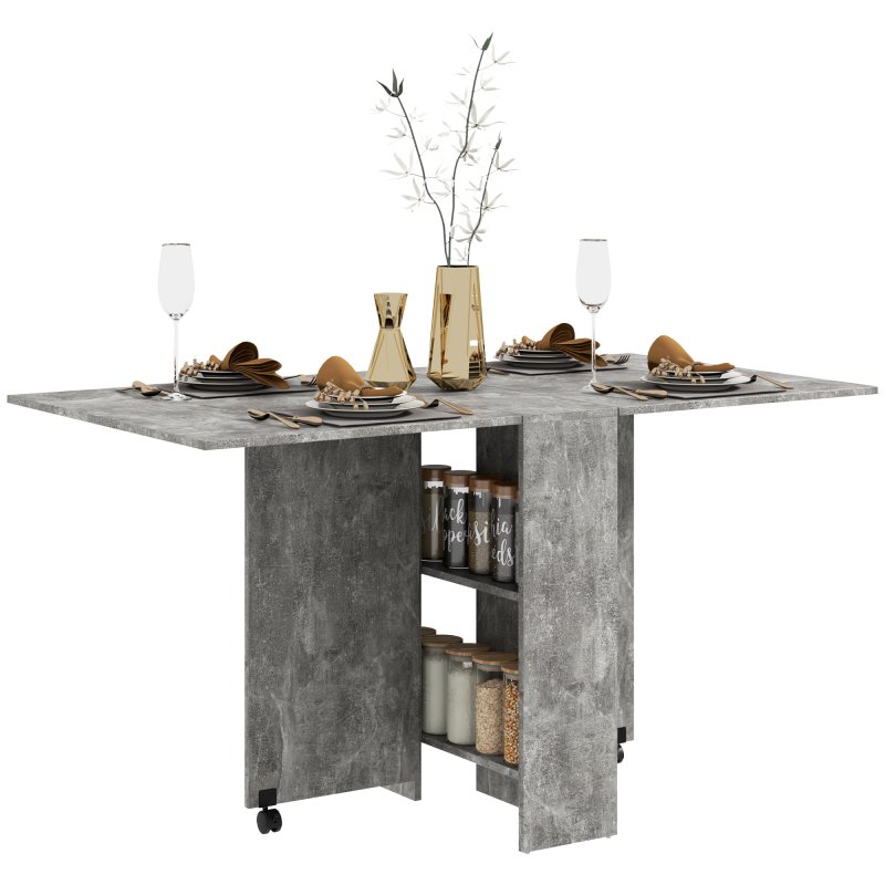 HOMCOM Folding Dining Table, Drop Leaf Table with 2-Tier Shelves, Rolling Casters, for Small Spaces, Kitchen