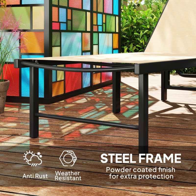 Outsunny Sun Lounger for Garden, 5-Level Adjustable Reclining Sun Lounger Chair, Flat Garden Lounger Sunbed with Texteline Seat, Steel Frame for Patio, Beach, Khaki