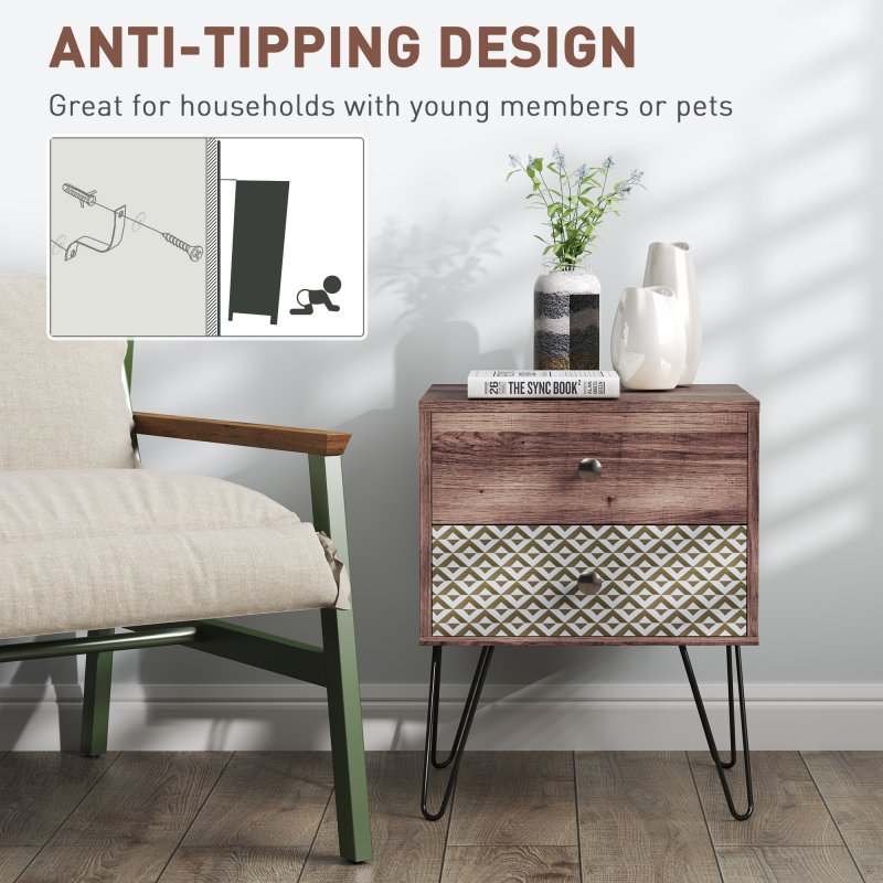 HOMCOM 2-Drawer Bedside Table, Boho Wooden Nightstand Storage Unit, Bedside Cabinet with Steel Frame, Sofa End Side Table for Living Room, Bedroom, Small Space, Rustic Brown
