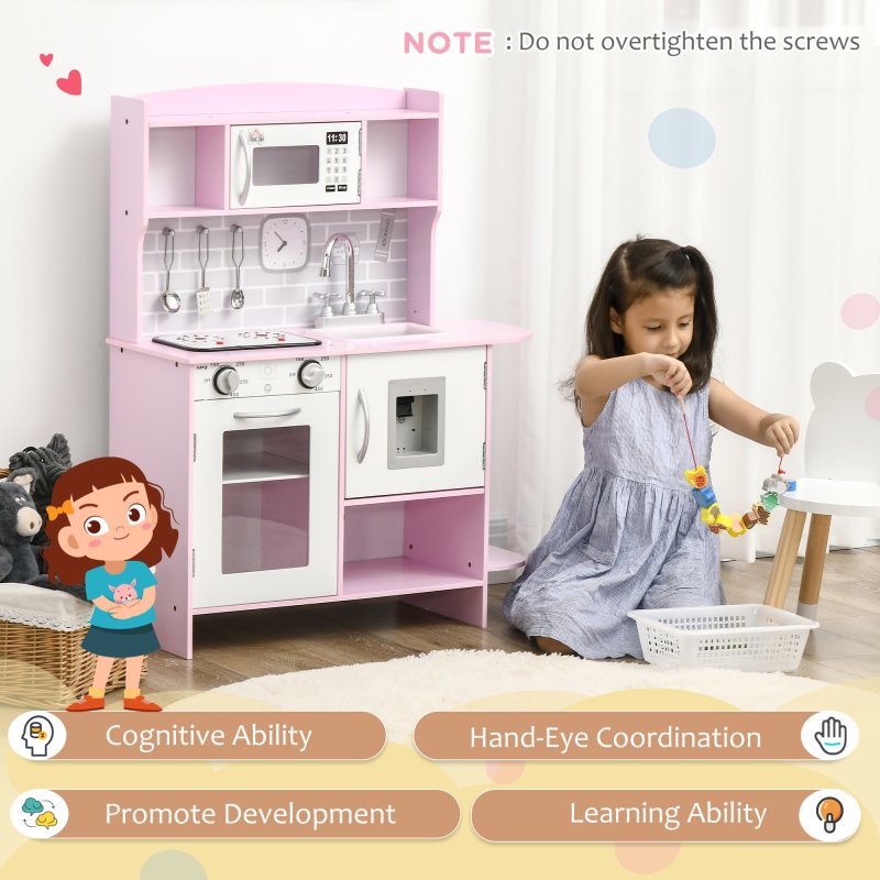 HOMCOM Children Wooden Play Kitchen w/ Lights Sounds, Kids Kitchen Playset w/ Water dispenser, Microwave, Utensils, Sink, Storage, for Ages 3-6 Years - Pink