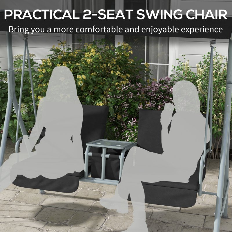 Outsunny 2 Seater Garden Swing Chair Patio Rocking Bench w/ Tilting Canopy, Double Padded Seats, Storage Bag and Tray, Black