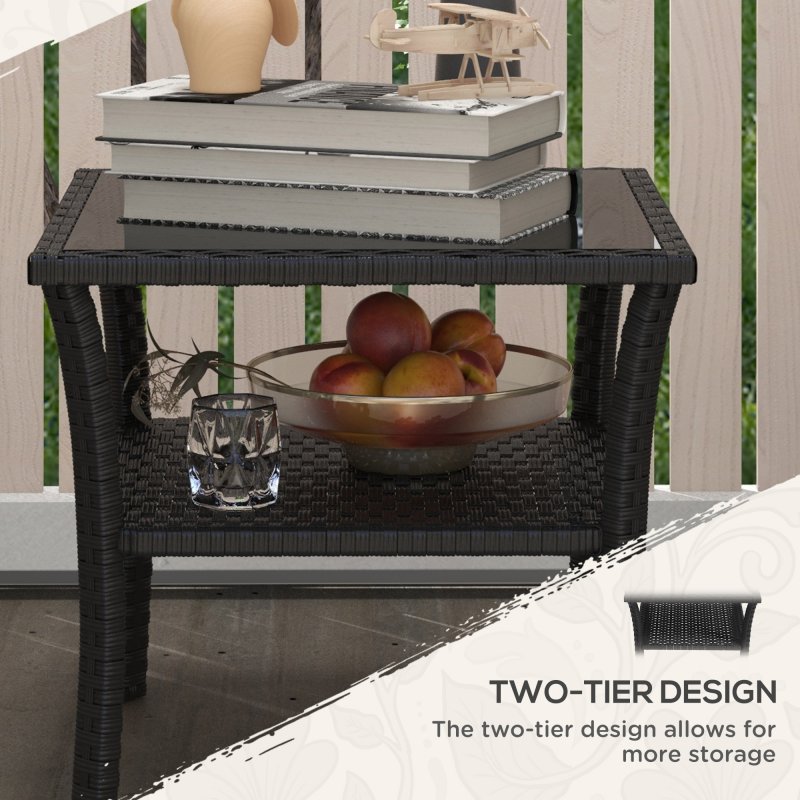 Outsunny 50cm Outdoor PE Rattan Coffee Table, Patio Wicker Two-tier Side Table with Glass Top, for Patio, Garden, Balcony, Black