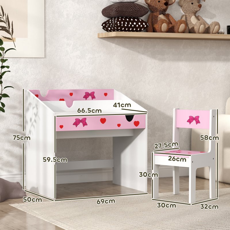 AIYAPLAY Kids Desk and Chair Set, Children Study Table and Chair with Storage, Pull-Out Drawer, Bow Pattern, for Bedroom, Playroom, Nursery, for Ages 3-6 Years, Pink