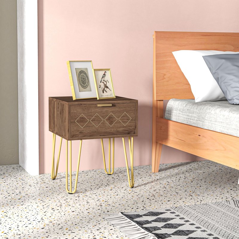 HOMCOM Bedside Table with Drawer, Wooden Nightstand, Modern Sofa Side Table with Gold Tone Metal Legs and Handles for Living Room, Bedroom, Easy Assembly, 40x41x 49cm, Brown