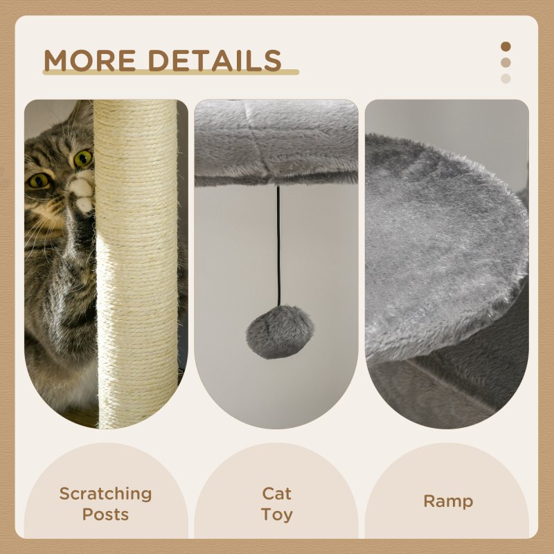 PawHut 148cm Cat Tree for Indoor Cats with Scratching Post, Cat Tower for Two Cats, with Cat House, Bed, Toy, Grey