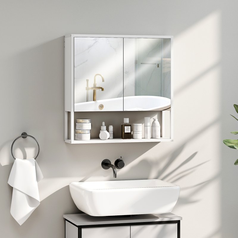 HOMCOM Bathroom Mirror Cabinet Wall Mounted with Soft-Close Doors and Adjustable Shelf, Industrial Bathroom Wall Cabinet with Open Storage, 60 x 16 x 60 cm