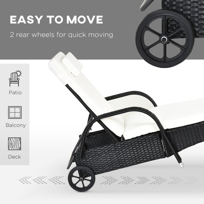 Outsunny 3 Pieces PE Rattan Patio Lounge Chair Set, Outdoor Recliner Lounge Chairs with Wheels, for Outside with Cushions, Headrest, Coffee Table for Garden, Poolside, Black
