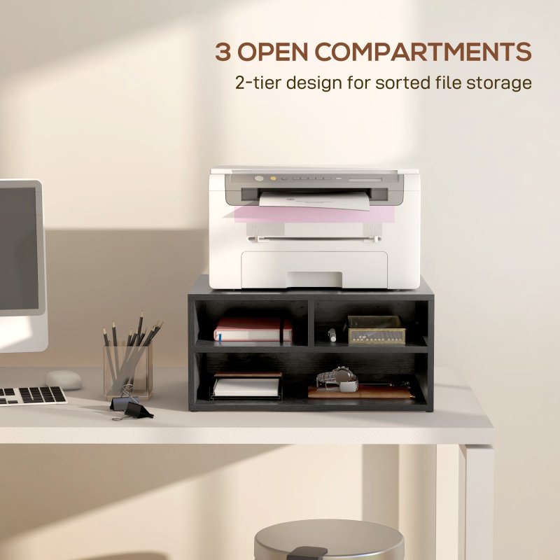 HOMCOM Desktop Printer Stand with Storage, 2-Tier Desk Organizer with 3 Open Compartments for Home Office, Black