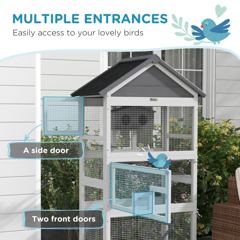PawHut Wooden Bird Cage Budgie cage, Bird Aviary Outdoor Birdhouse for Finches, Parakeets - Grey