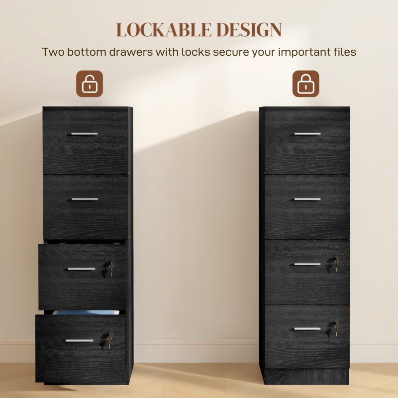 HOMCOM File Cabinet with 4 Drawers for Home Office, Vertical Filing Cabinet with Lock, Adjustable Hanging Bar for A4 and Letter Size, Black Wood Effect
