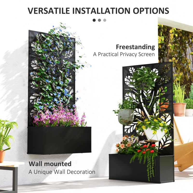 Outsunny Metal Garden Bed with Trellis, Wall Mounted or Freestanding Raised Planter with Privacy Panel, Twig and Leaf Cut-out Privacy Screen with Planter Box for Climbing Plants, Flowers, Vegetables