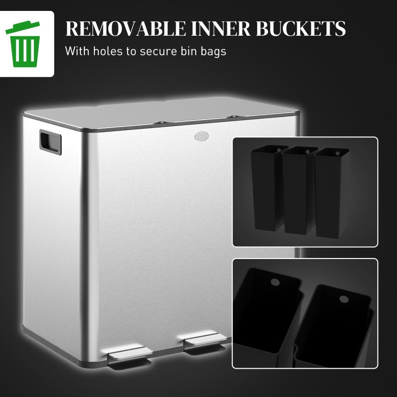 HOMCOM Triple Kitchen Bin, 3 x 15L Pedal Bin, Stainless Steel Three Rubbish Bin with Removable Inner Buckets, Soft Close Lid, Fingerprint-Proof for Recycling and Waste