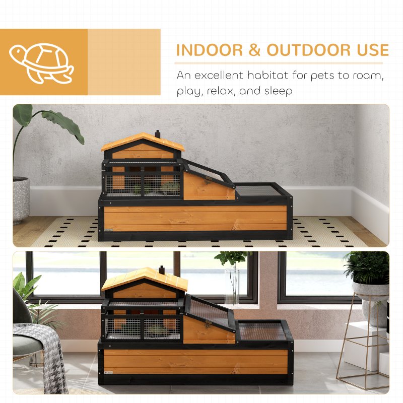 PawHut Tortoise House 3-Room Wooden Tortoise Enclosure Large Reptile Cage with 2 Stories, Ladder, Balcony, Tray, Openable Roof, 60H x 112L x 65Wcm, Yellow