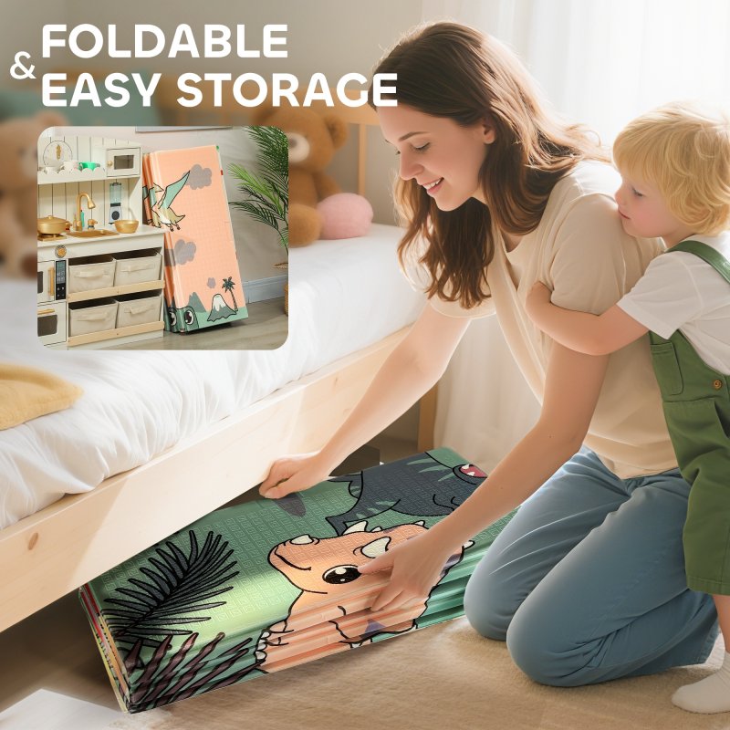 AIYAPLAY Baby Play Mat Double Sided, Foldable & Reversible Activity Playmat, Waterproof Kids Foam Crawling Mat for Outdoor Indoor Playtime Picnics, 196 x 176 x 1.5cm, Dinosaur Theme