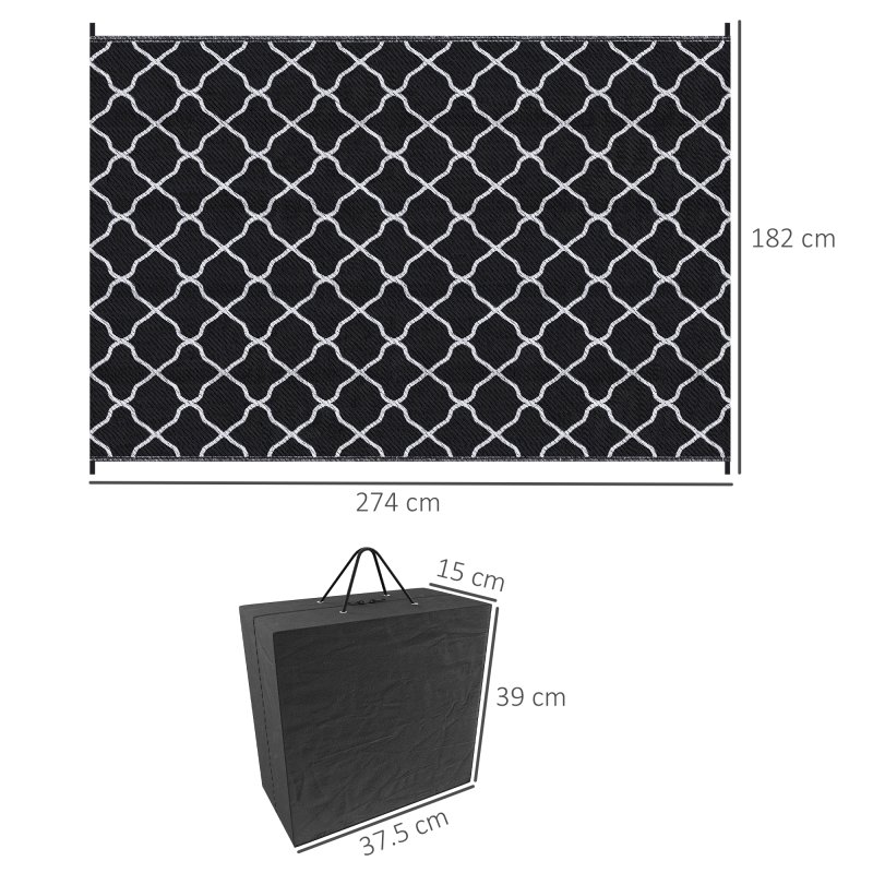 Outsunny Reversible Outdoor Rug with Carry Bag, Waterproof Plastic Straw Mat for Garden, Deck, RV, Picnic, Beach, Camping, 182 x 274cm, Black