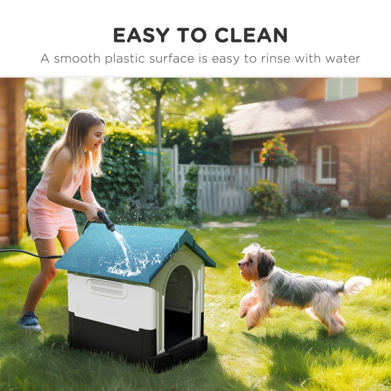 PawHut Dog Kennel for Outside, Plastic Dog House, Water-Resistant Pet Shelter with Windows, for Garden Patio, Miniature Dogs, 64.5 x 57 x 66cm - Blue