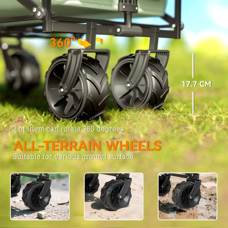 Outsunny 120L Festival Trolley on Wheels, Folding Camping Trolley Cart with Removable Canopy, All-Terrain Wheels, Adjustable Handle and Side Pockets for Garden Beach Fishing Shopping, Green