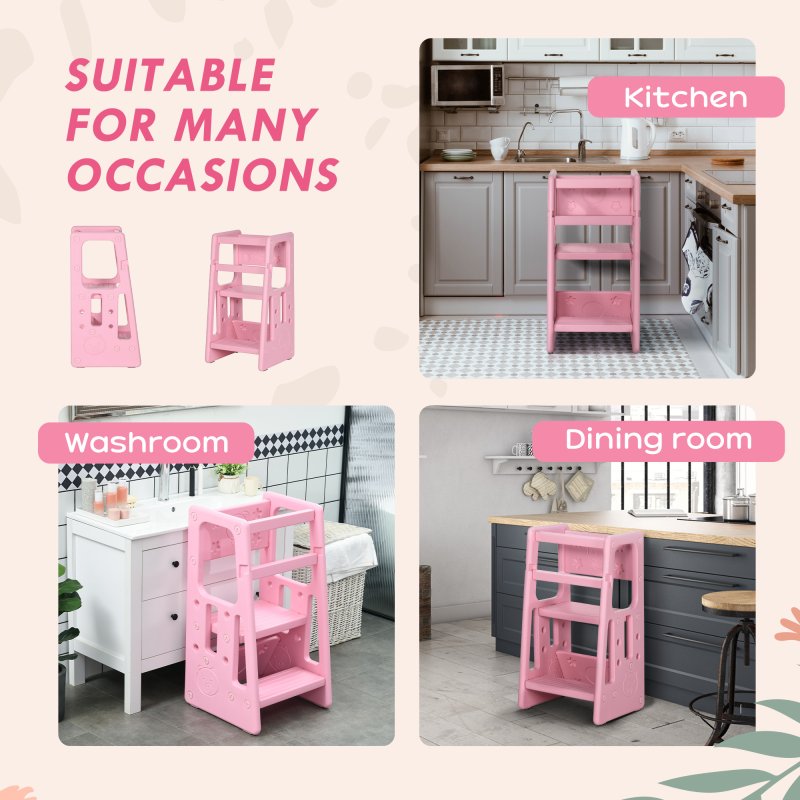 HOMCOM Kids Step Stool, Adjustable Standing Platform, Toddler Kitchen Stool , Standing Tower for Kids, Kitchen Counter with Three Adjustable Heights - Pink