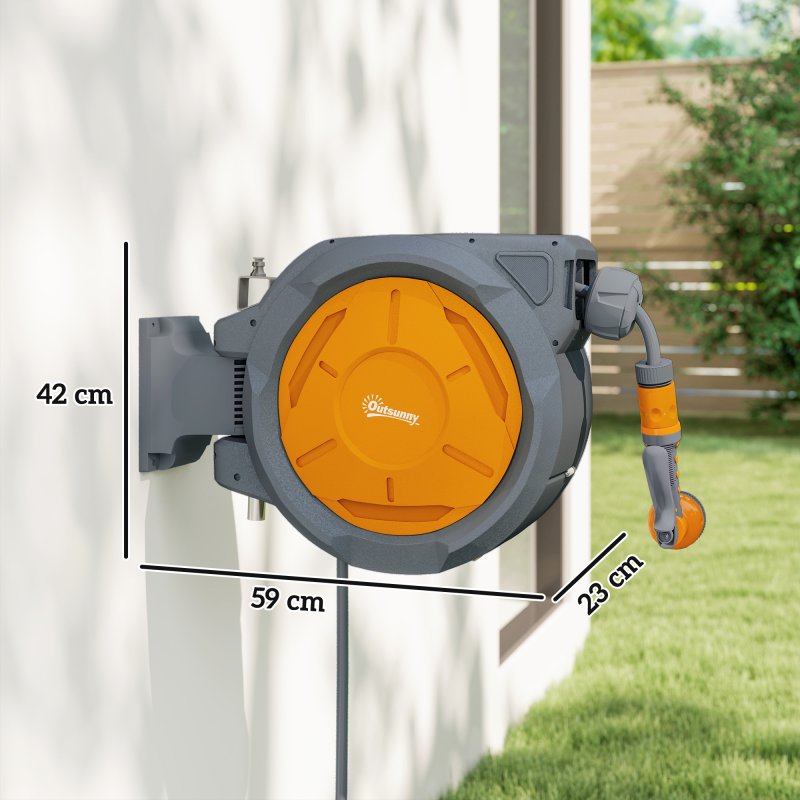 Outsunny Retractable Hose Reel Wall Mounted, 30+2m Garden Hose Pipe Reel with Lock, Auto Rewind, 7 in 1 Spray Nozzle, Includes Wall Fixings, 180?? Swivel, Outdoor Watering, Orange