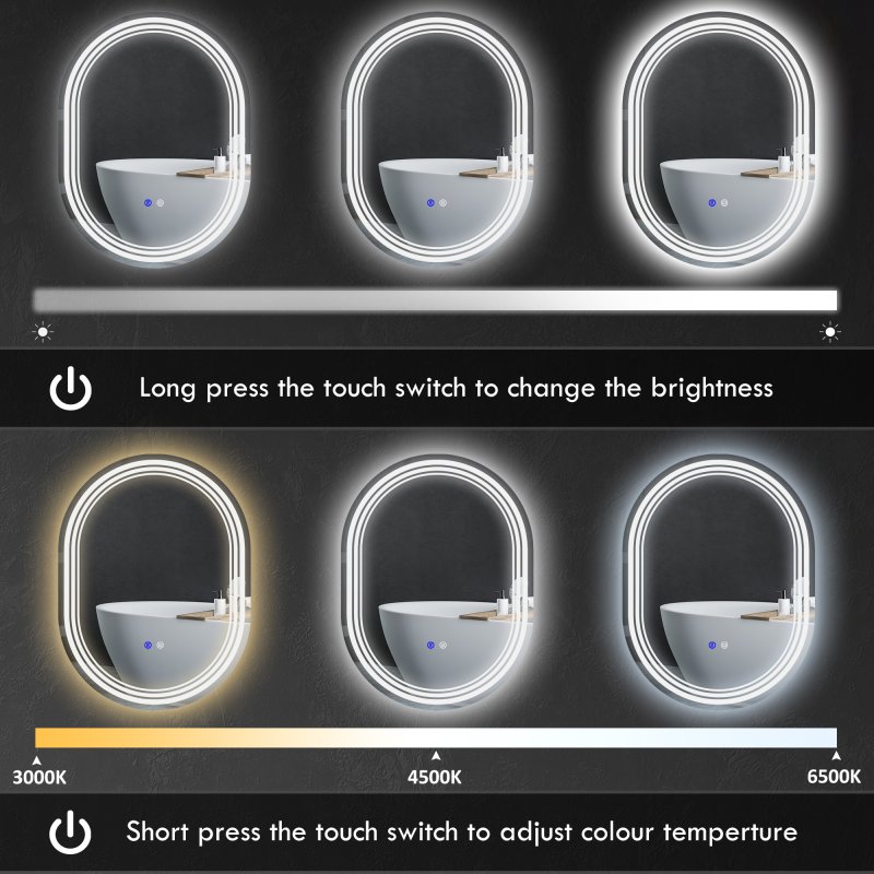 kleankin Bathroom Mirror with LED Lights, 70 x 50cm Dimmable Makeup Mirror with 3 Colour Light, Anti-fog, Memory Function, Touch Switch, Vertical or Horizontal Mounted