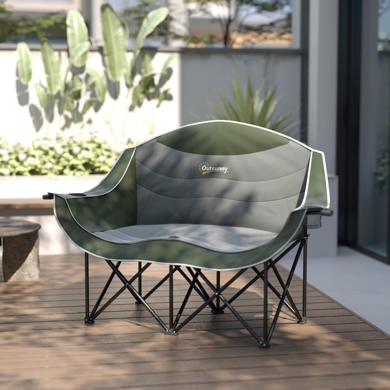 Outsunny Double Camping Chair for Adults, Oversized Heavy Duty Padded Folding Chair with Armrests, Cup Holders and Carry Bag for Outdoor Camping Hiking Picnic Fishing, 250kg Capacity, Green