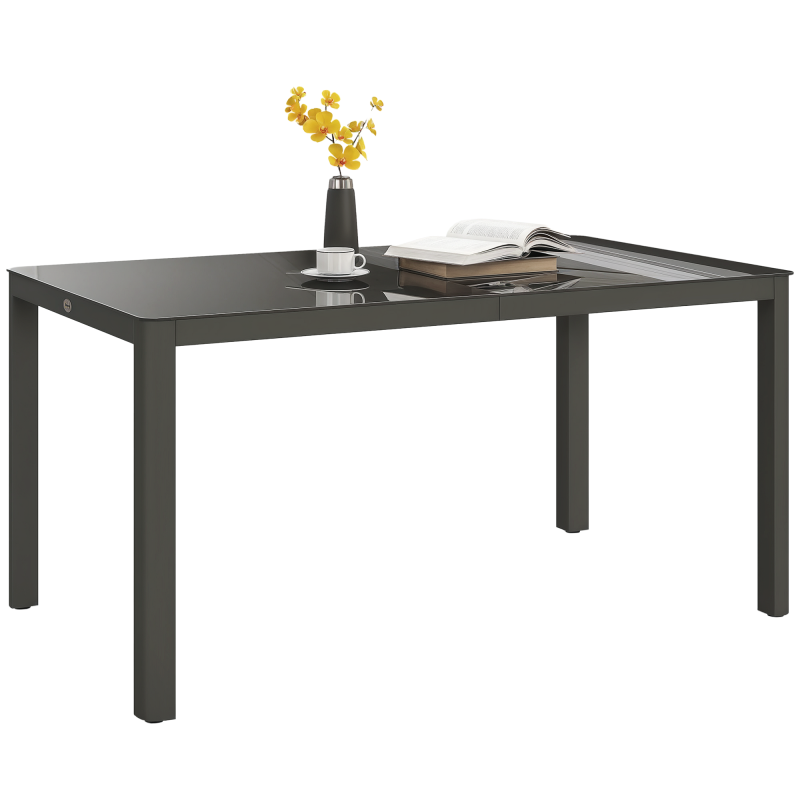 Outsunny Outdoor Dining Table for 6 People, 150 x 88 cm Rectangular Garden Table with Aluminium Frame, Tempered Glass Top and Height-Adjustable Feet for Balcony, Porch, Terrace, Grey